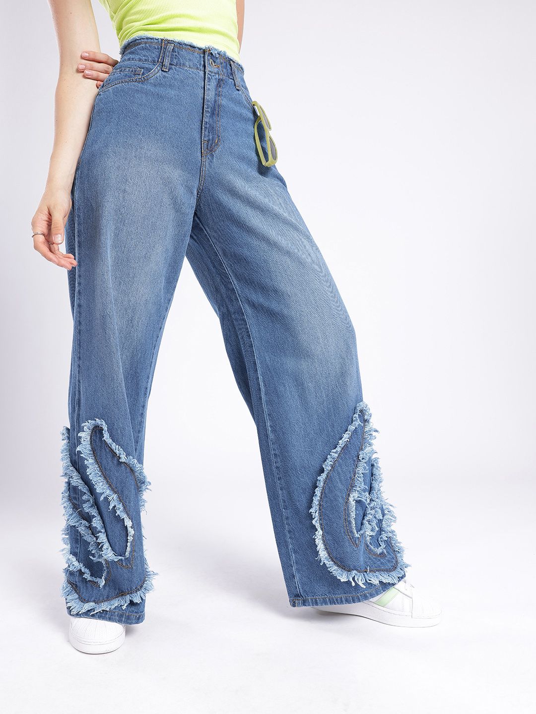 glitchez Women Savvy Baggy Wide Leg Light Faded Applique Frayed Jeans-picture-13