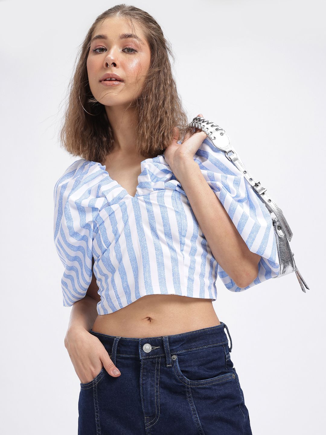 glitchez Sculpted Shoulder Gather-Detail Crop Top-picture-10