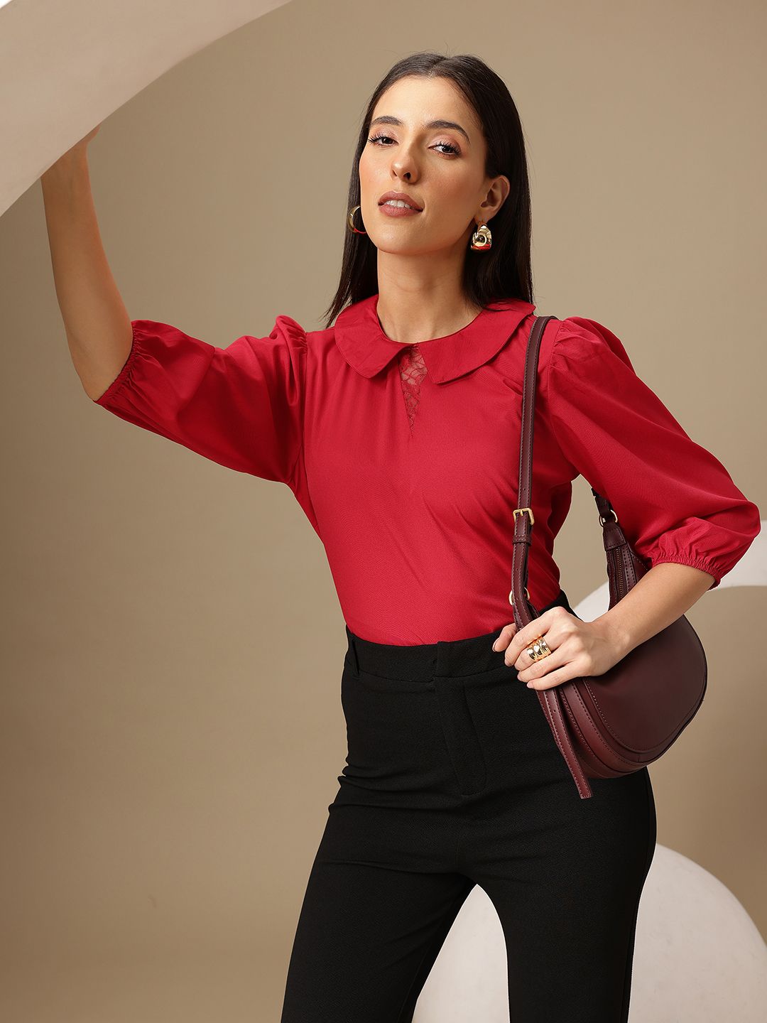 Chemistry Lace Inserts Detail Peter Pan Collar Top-picture-32