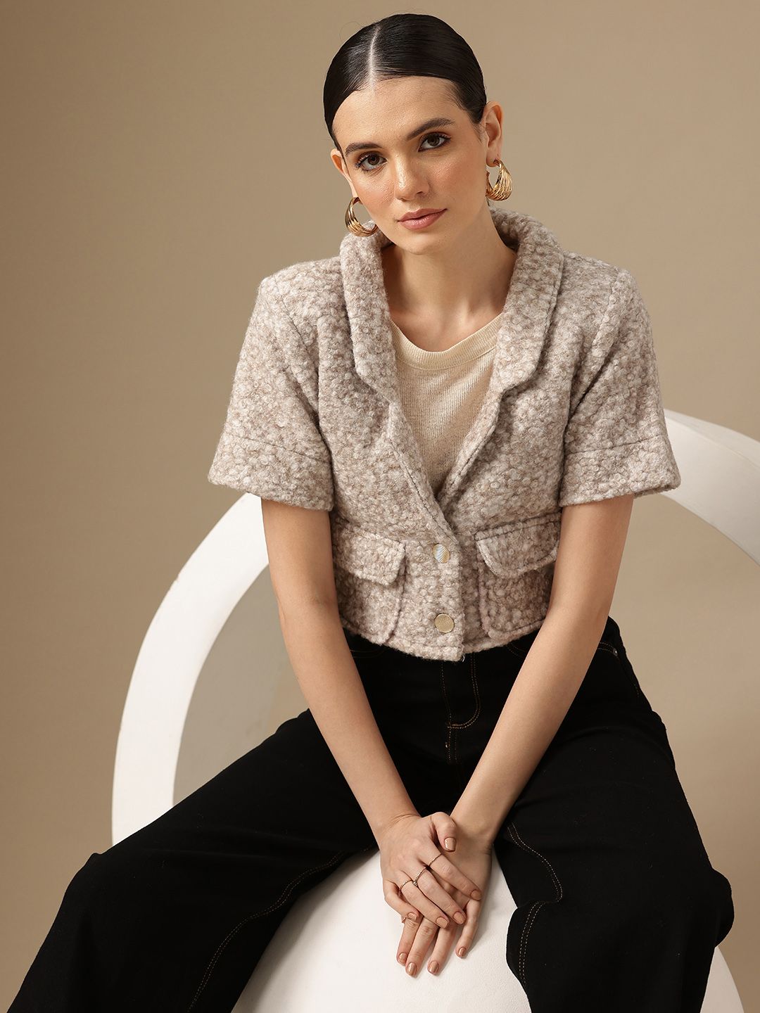 Chemistry Self Design Single-Breasted Woollen Tweed Crop Blazer-image-38