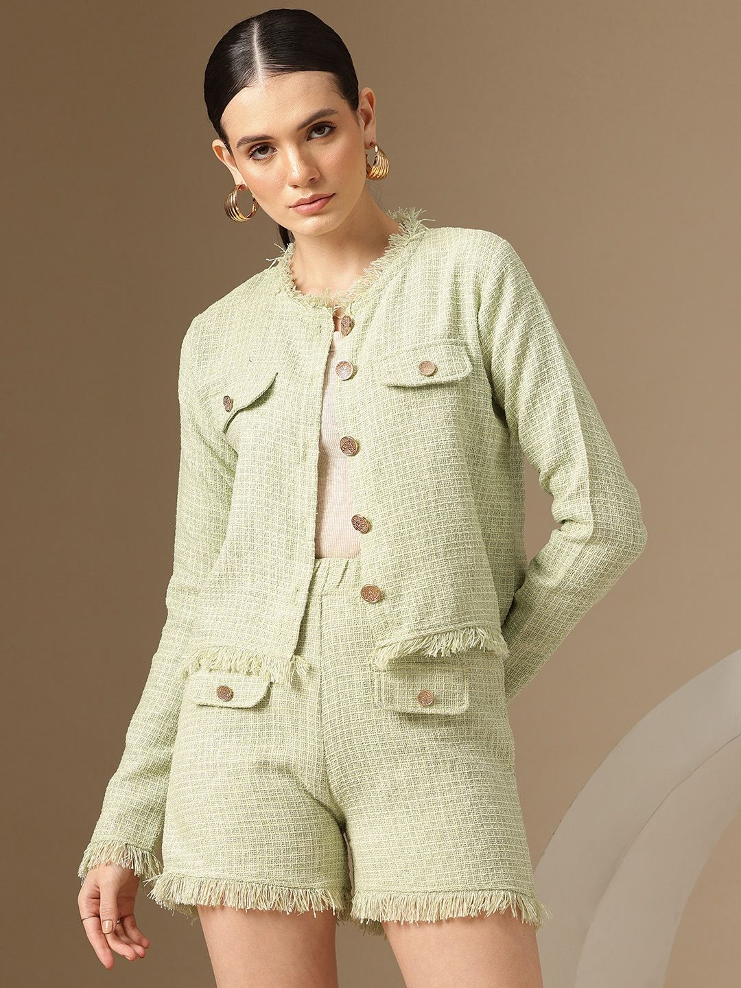 Chemistry Checked Single-Breasted Tweed Crop Blazer-image-25