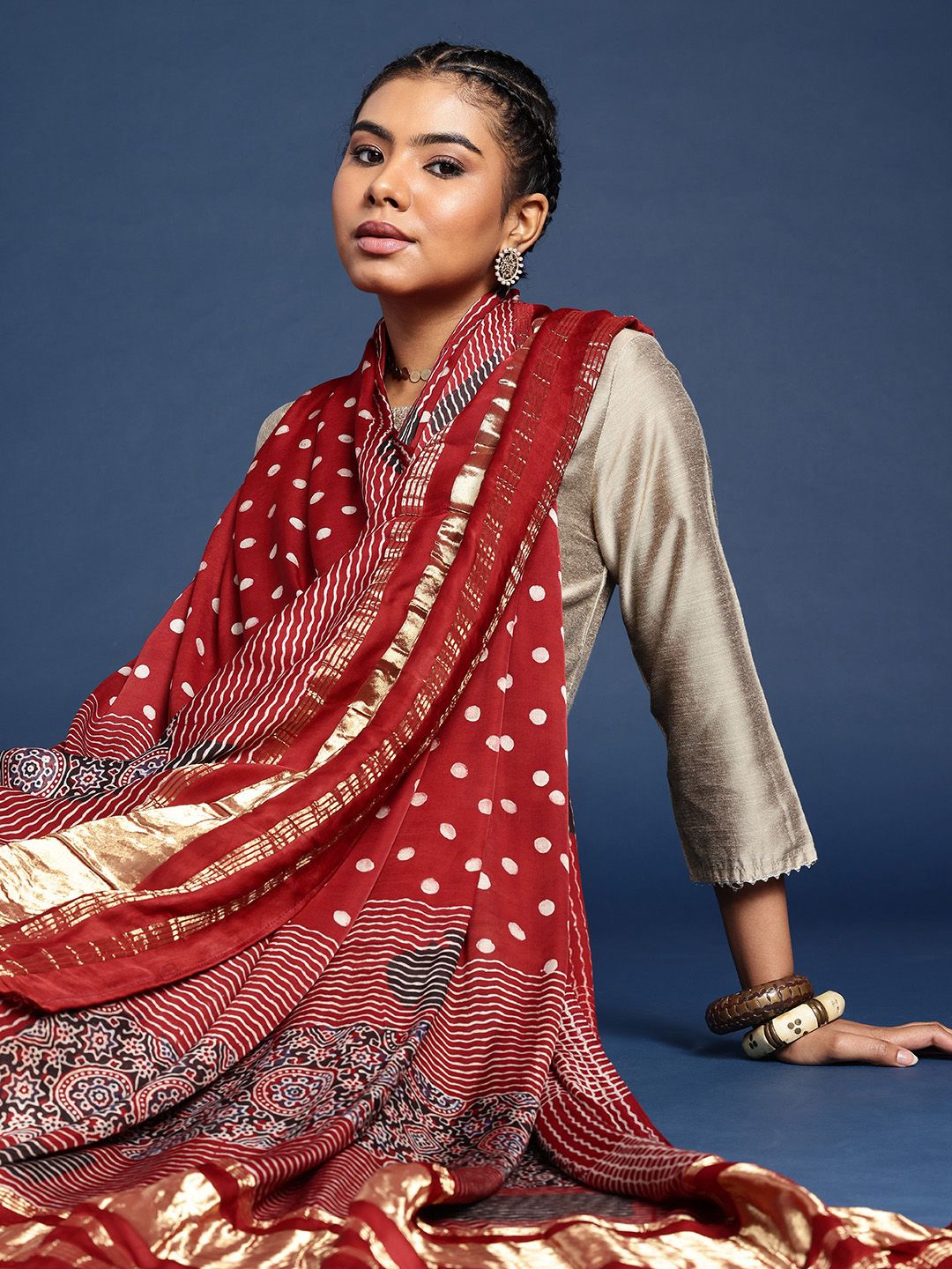 Taavi Ajrakh Hand Block Printed Dupatta with Zari-picture-27