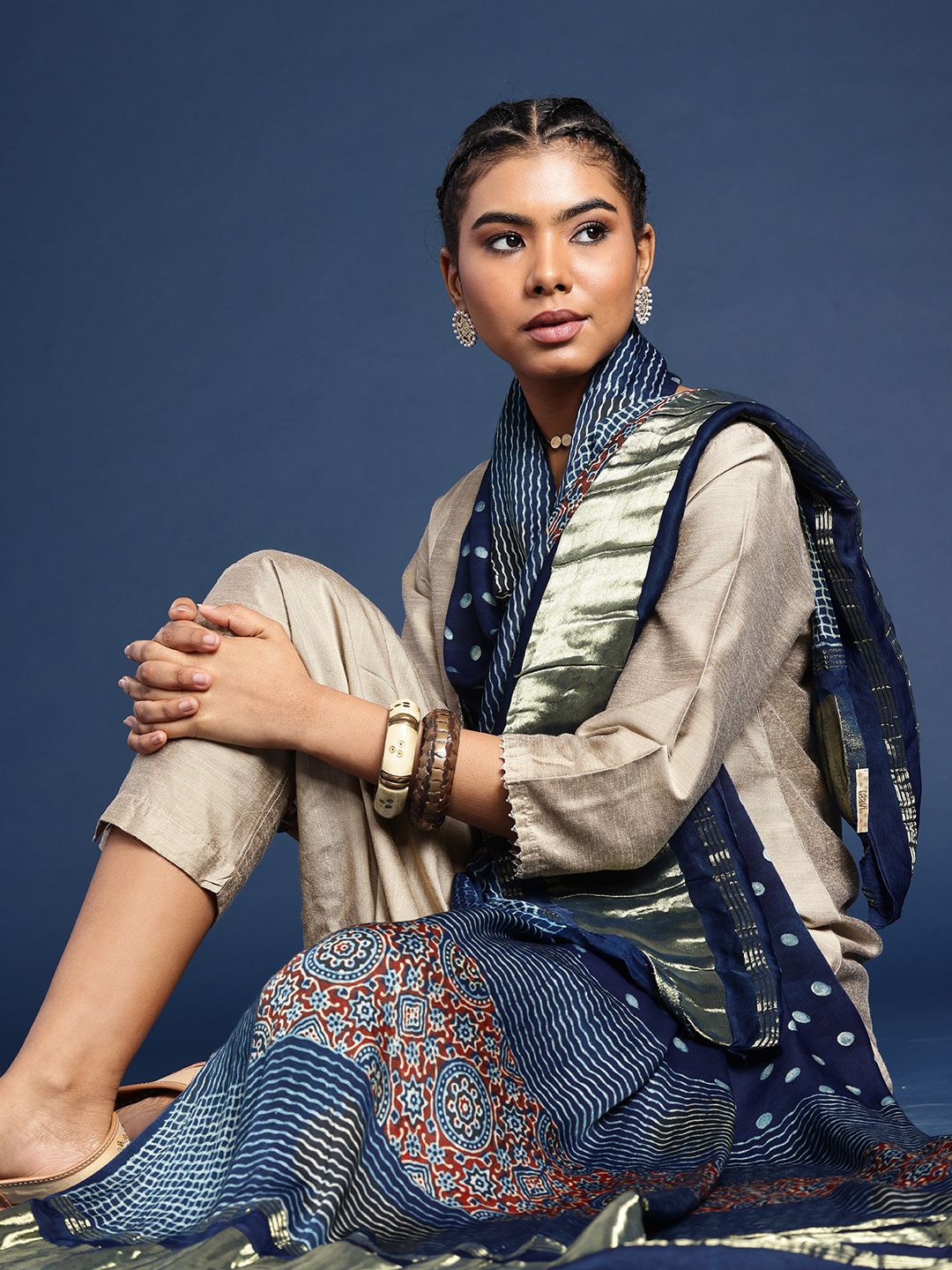 Taavi Ajrakh Hand Block Printed Dupatta with Zari-picture-25