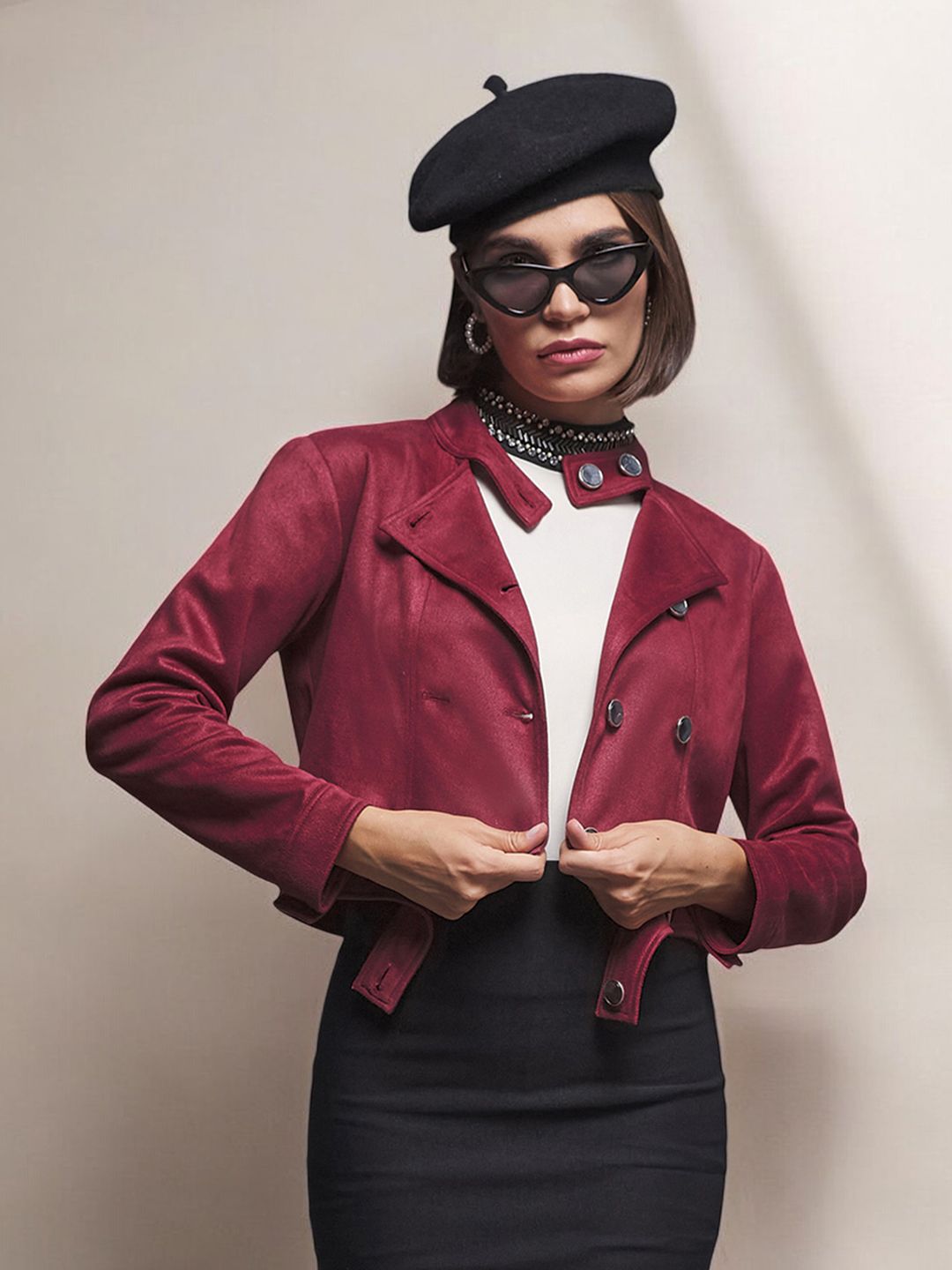 Miss Chase Women Geometric Suede Crop Biker Jacket