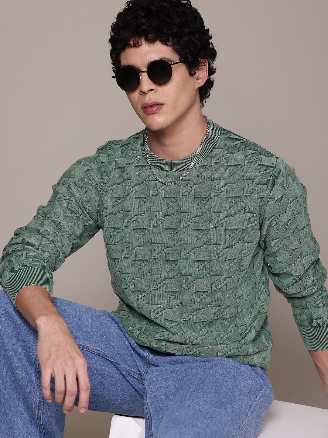 The Roadster Lifestyle Co. Men Abstract Self Design Pure Cotton Pullover-picture-37