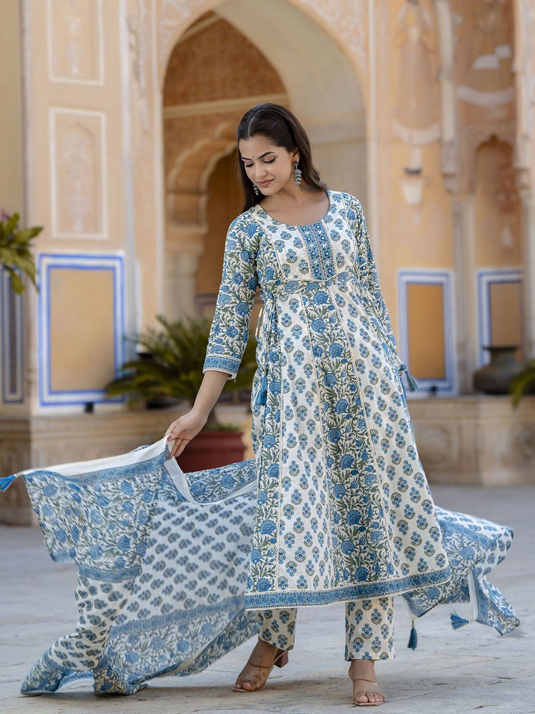 Floral Printed Regular Aari Work Kurta With Trousers & Dupatta