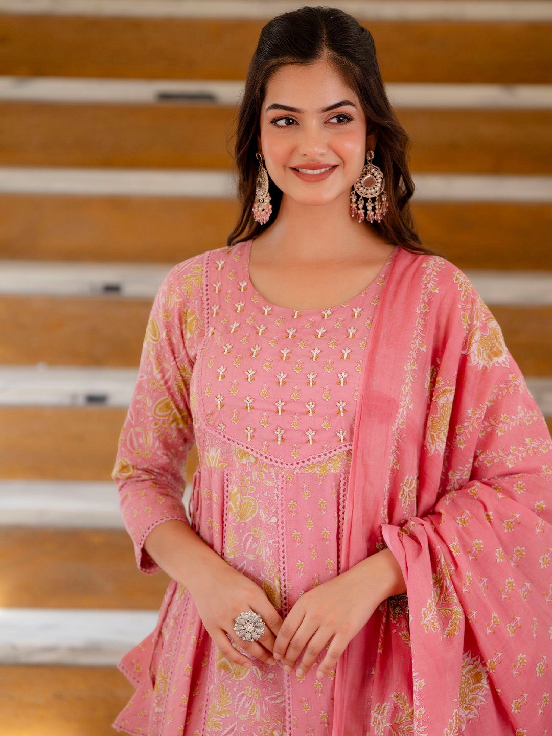 EthniFlair Women Floral Printed Panelled Aari Work Pure Cotton Kurta with Trousers & With Dupatta-image-19