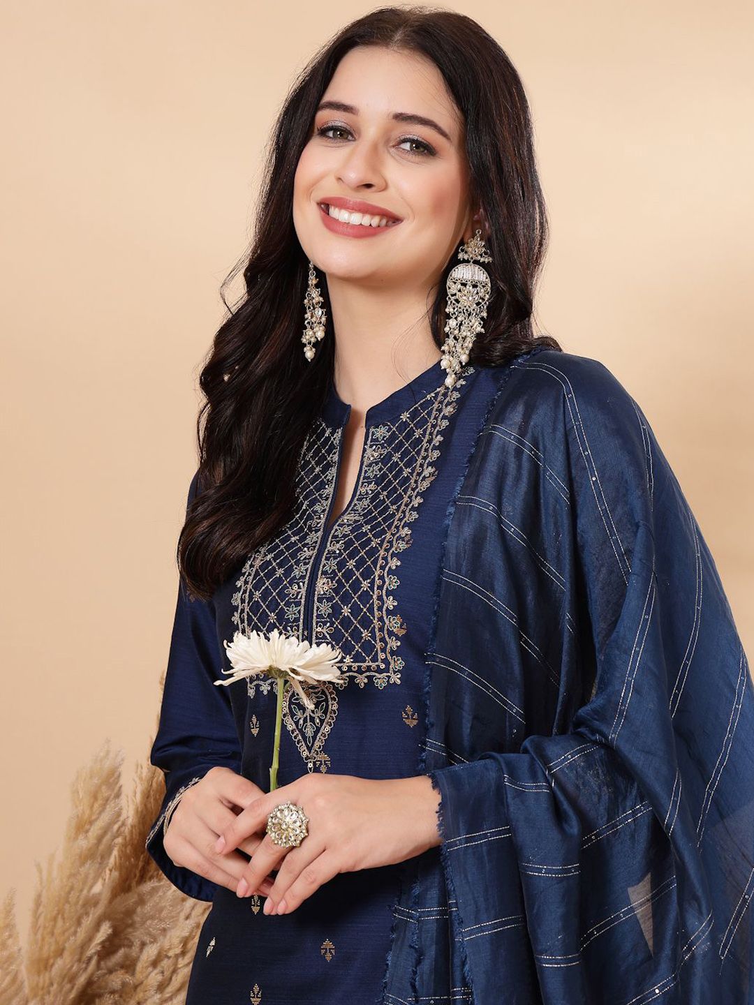Nayam By Lakshita Floral Embroidered Straight Kurta With Trouser & Dupatta