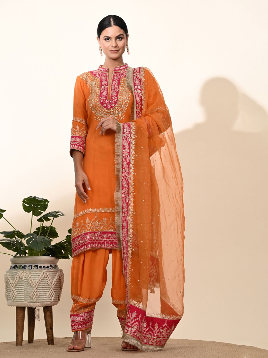 ZARIKALI Women Floral Yoke Design Regular Thread Crepe Kurta with Trousers & With Dupatta-image-34