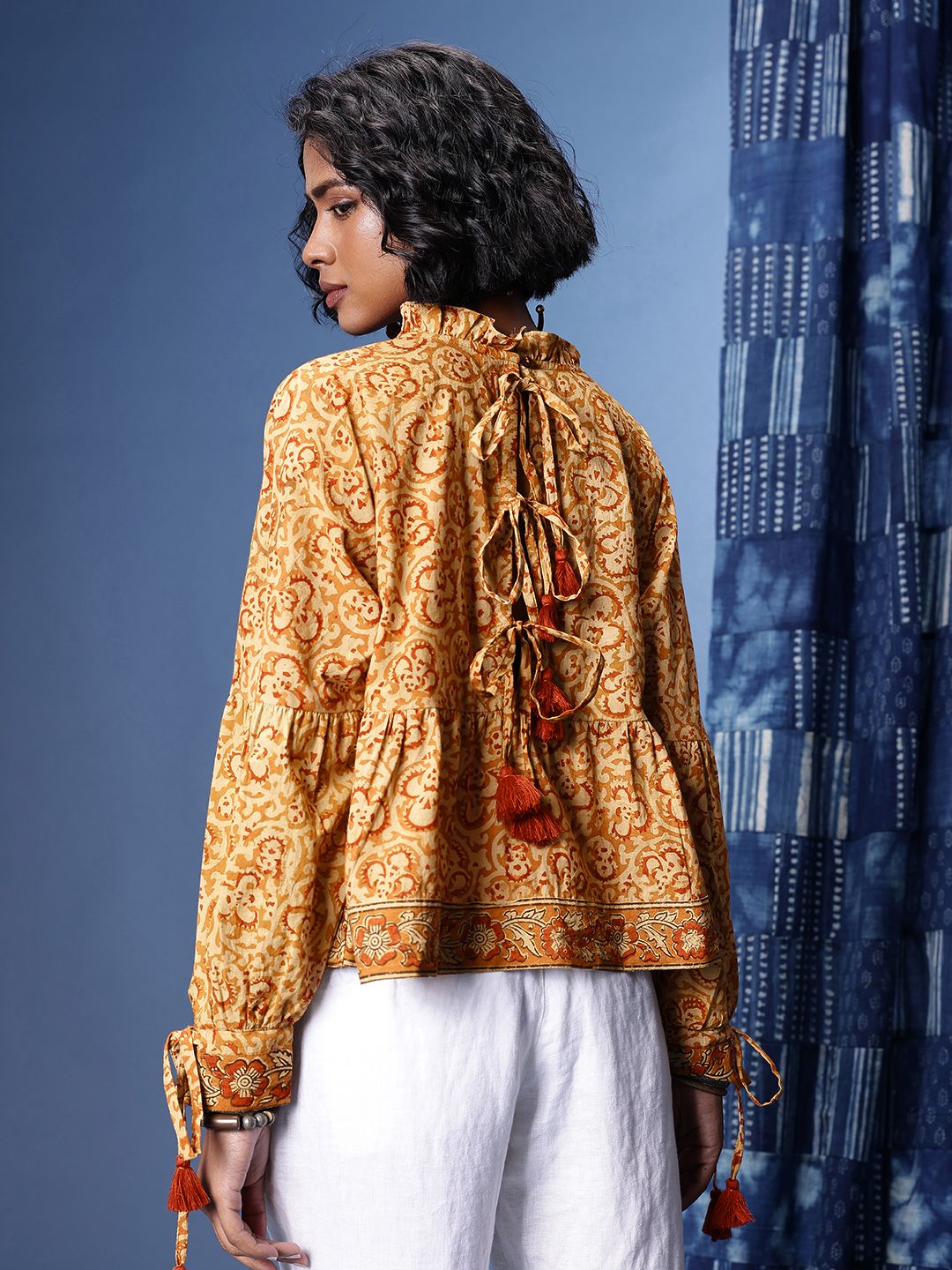 Taavi Pure Cotton Indie-Floral Printed Extended Sleeves A-Line Kalamkari Top-picture-29
