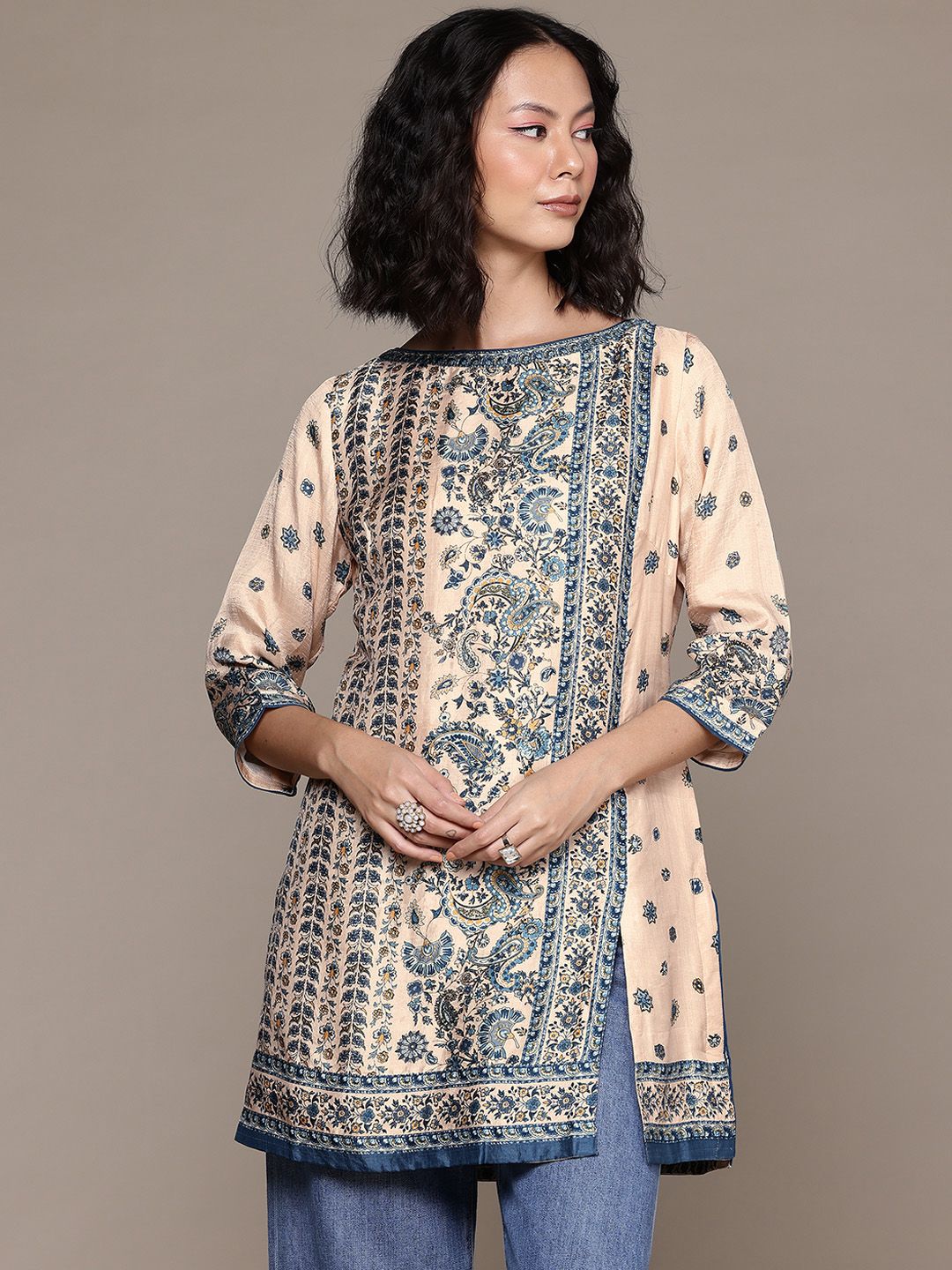 Ritu Kumar Floral Printed Boat Neck Pure Silk Kurti-image-19