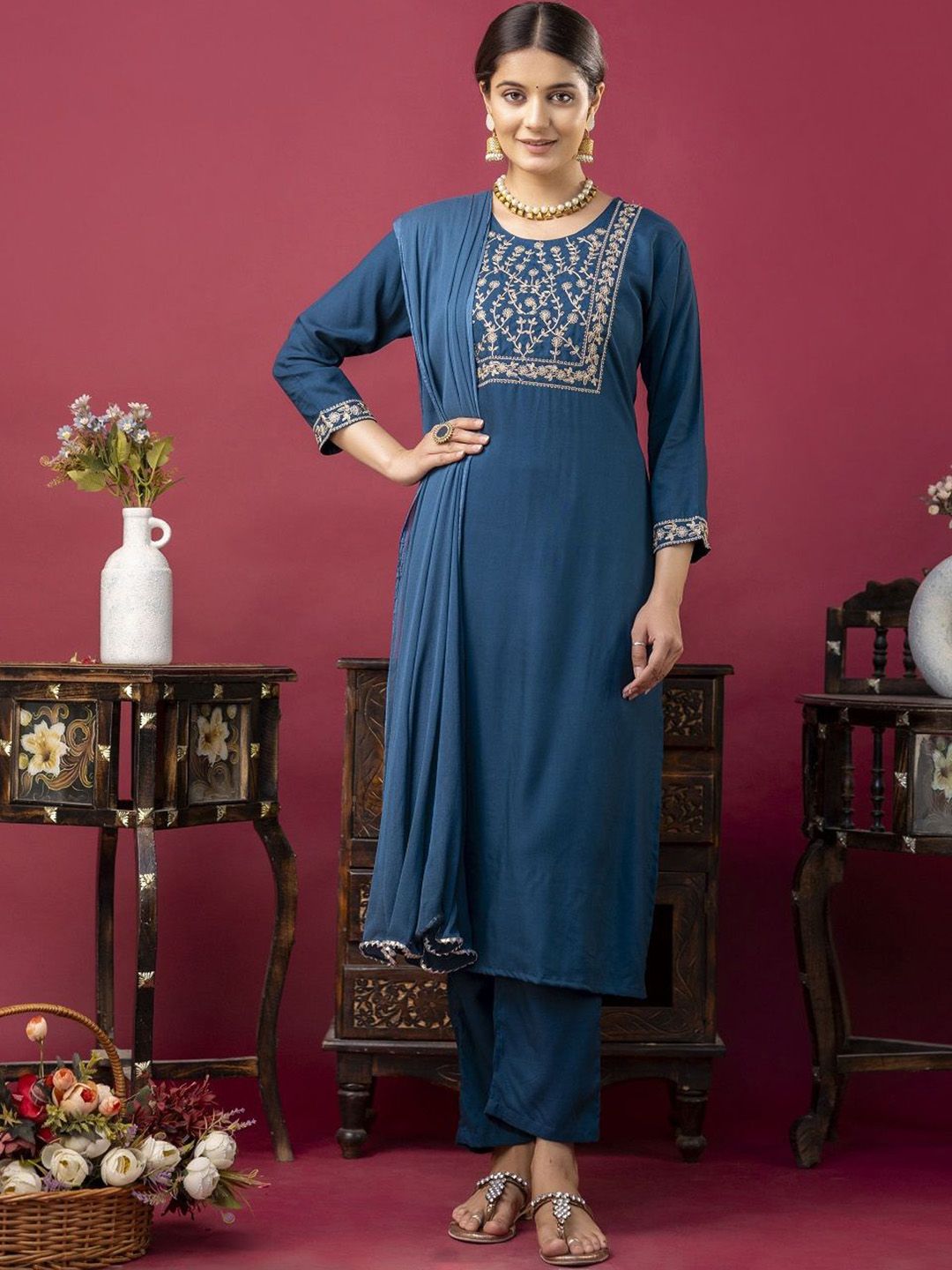Women Embroidered Regular Kurta with Trousers & With Dupatta