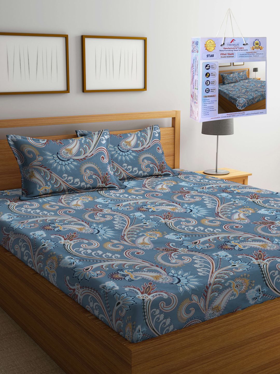 FABINALIV Multicoloured Floral 300 TC Fitted King Bedsheet Set 2.50m X 2.25m-picture-17