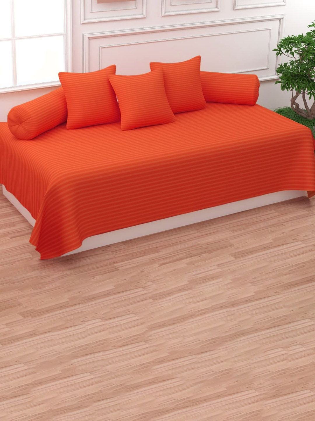 Trance Home Linen 6-Pcs Orange Colored Striped Cotton Diwan Set-picture-28