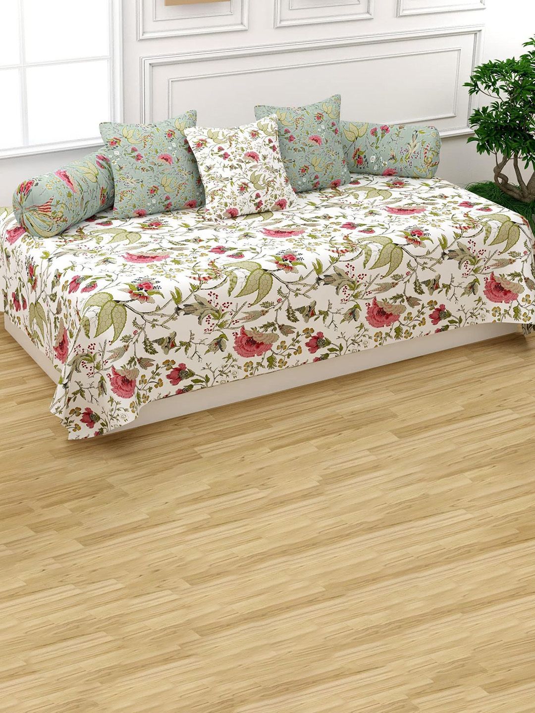 Trance Home Linen Set Of 6 White & Green Floral-Printed Diwan Set-image-17