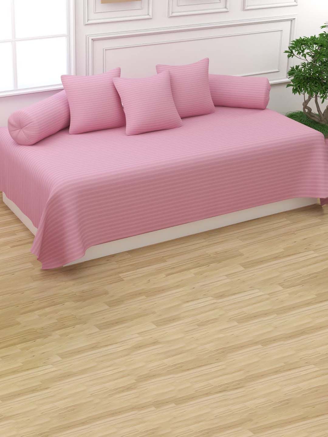 Trance Home Linen Set Of 6 Pink Striped 200 TC Diwan Set-picture-33
