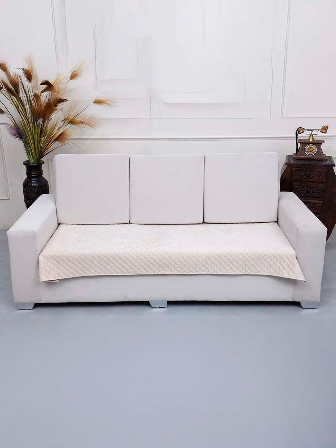 AAZEEM Cream-Coloured Solid Velvet 2 Piece Sofa Cover-image-15
