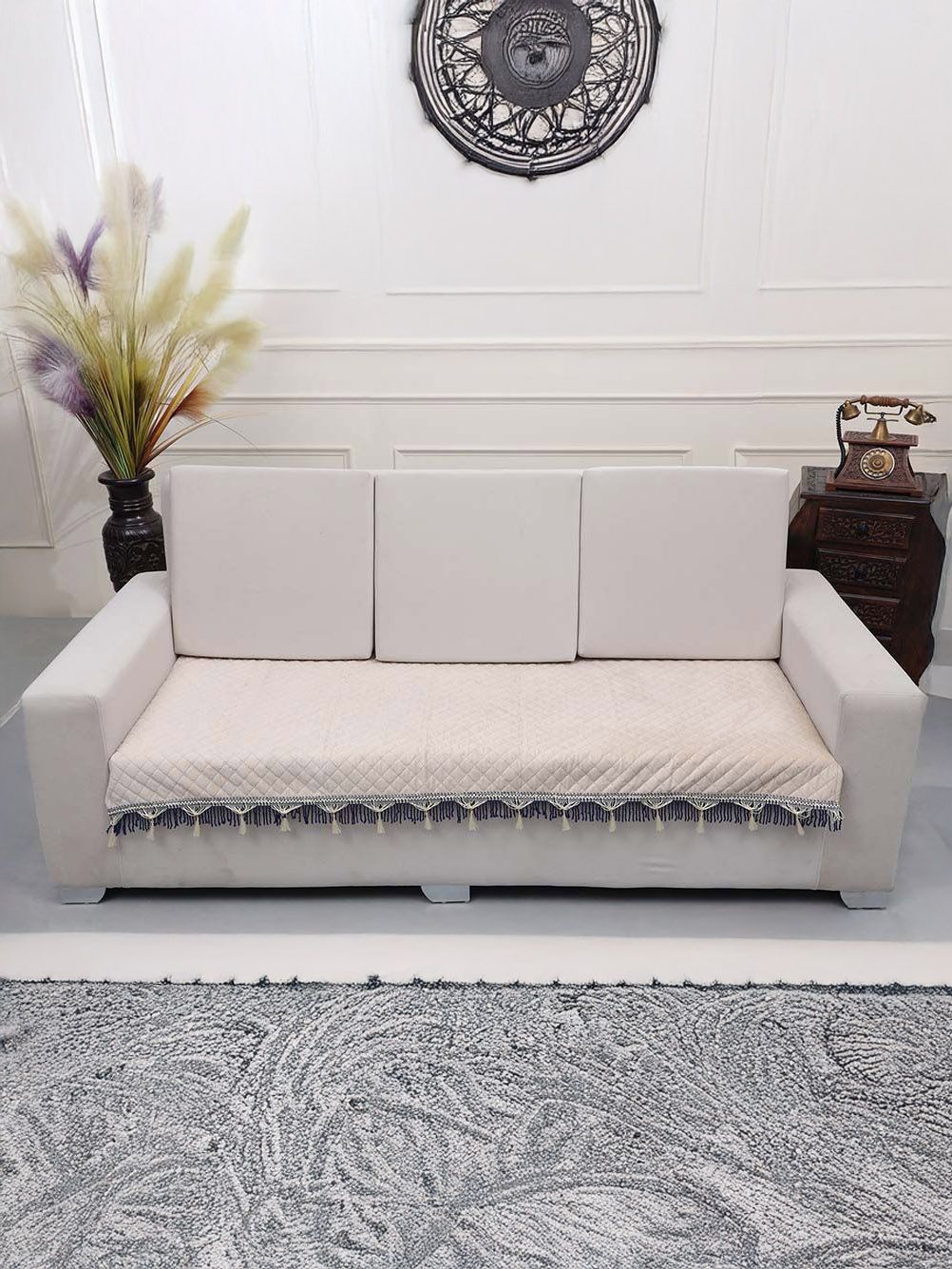 AAZEEM Cream-Coloured Solid Velvet 2 Piece Sofa Cover-image-46