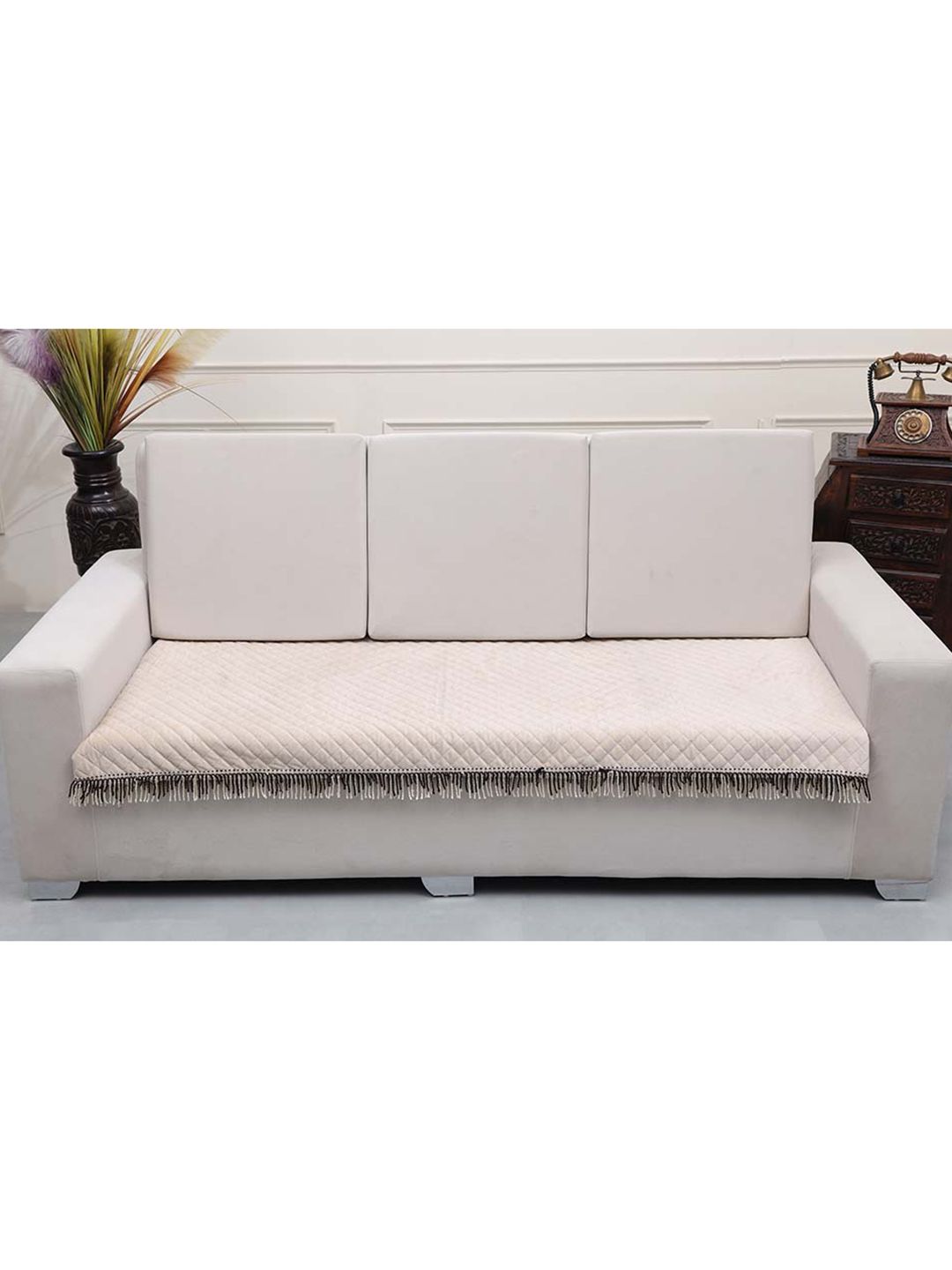 AAZEEM Cream-Coloured Solid Velvet 2 Piece Sofa Cover-image-14