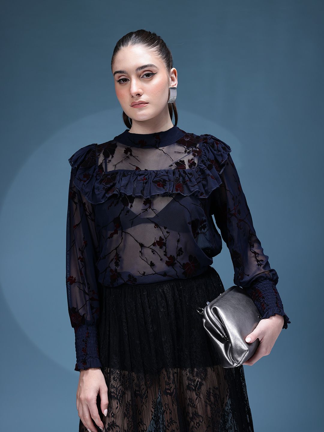 bebe Brighter Basics Floral Print Ruffled Detail Sheer Net Top with Velvet Finish-picture-42