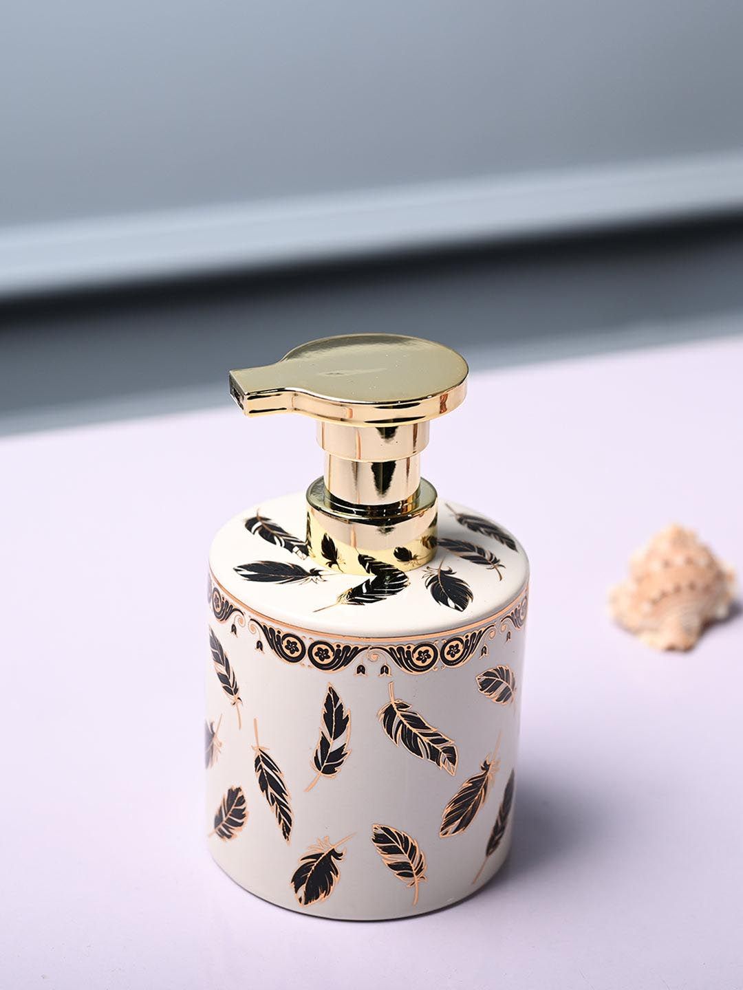 MARKET99 Off White & Black Leaf Design Printed Ceramic Waterproof Soap Dispenser 500 ml-picture-24