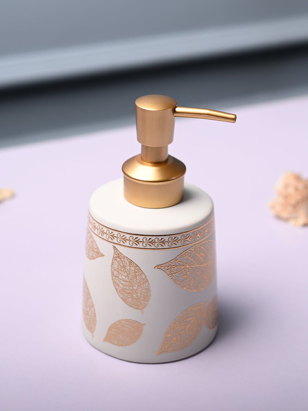 MARKET99 Off White & Gold-Toned Leaf Printed Ceramic Waterproof Soap Dispenser 450 ml-picture-27