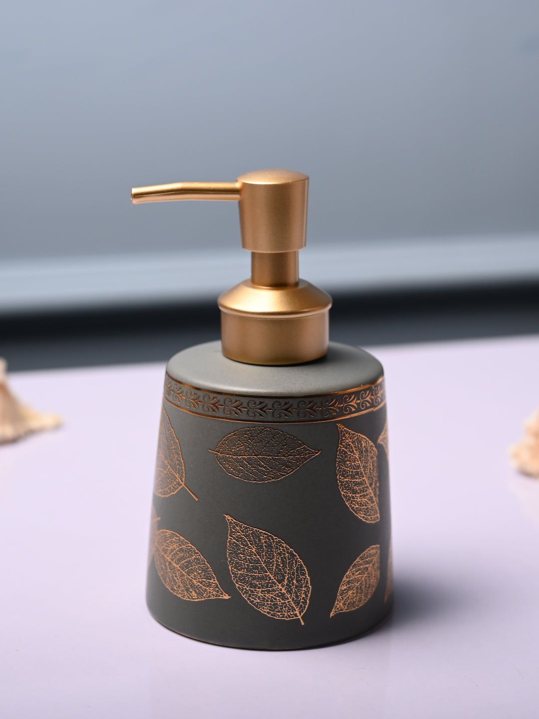 MARKET99 Grey & Gold-Toned Leaf Printed Cylindrical Ceramic Matte Soap Dispenser 450 ml