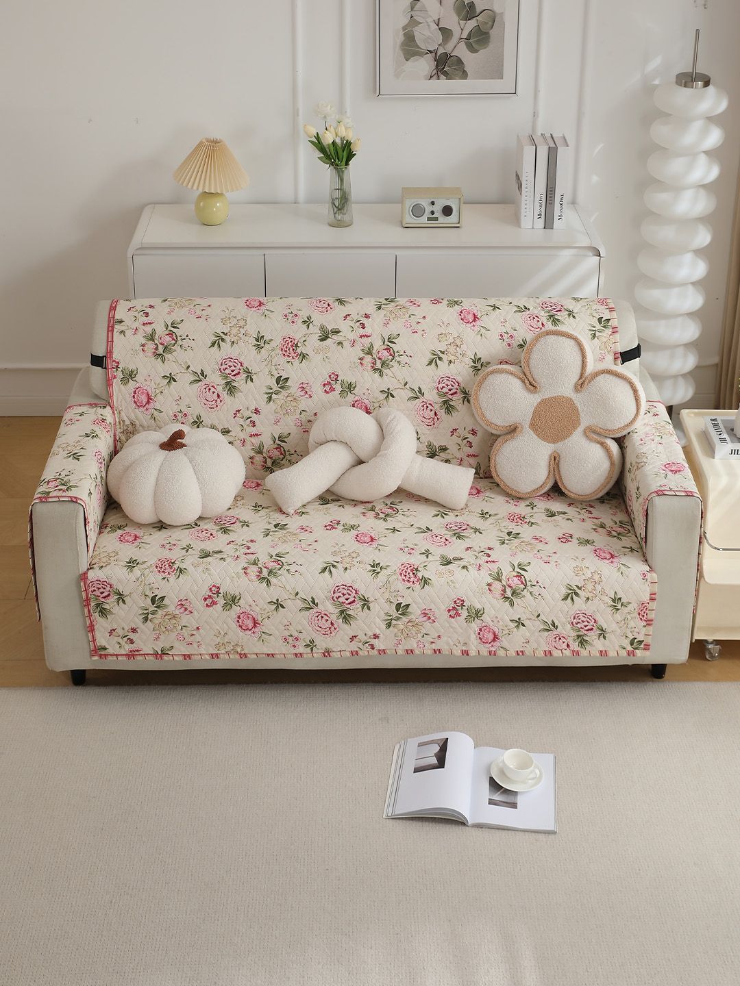 HOKIPO Beige & Pink Printed Polyester 2 Seater Sofa Mat With Pockets-image-30