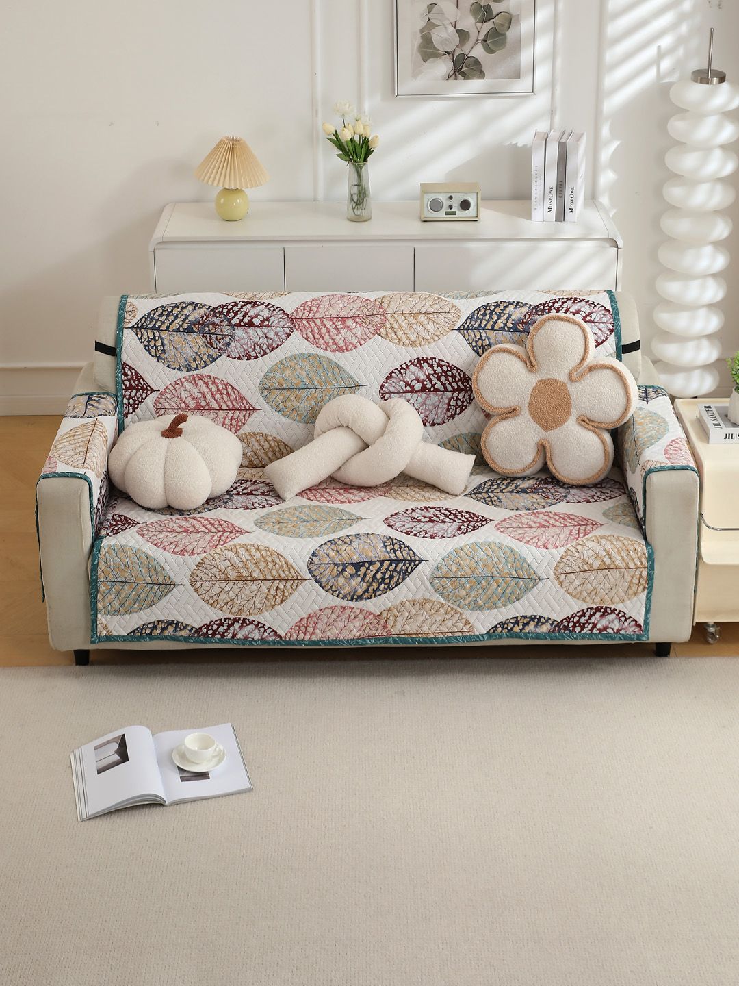 HOKIPO White & Brown Printed Polyester 2 Seater Sofa Cover with Arms-image-37