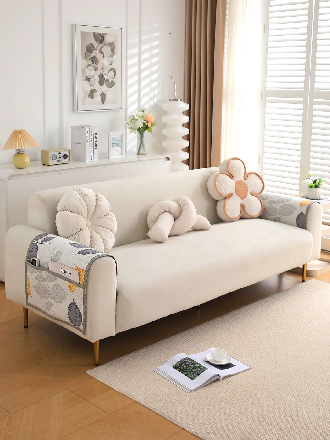 HOKIPO White & Yellow Printed Polyester 2 Piece Sofa Armrest Cover with Pockets-picture-14