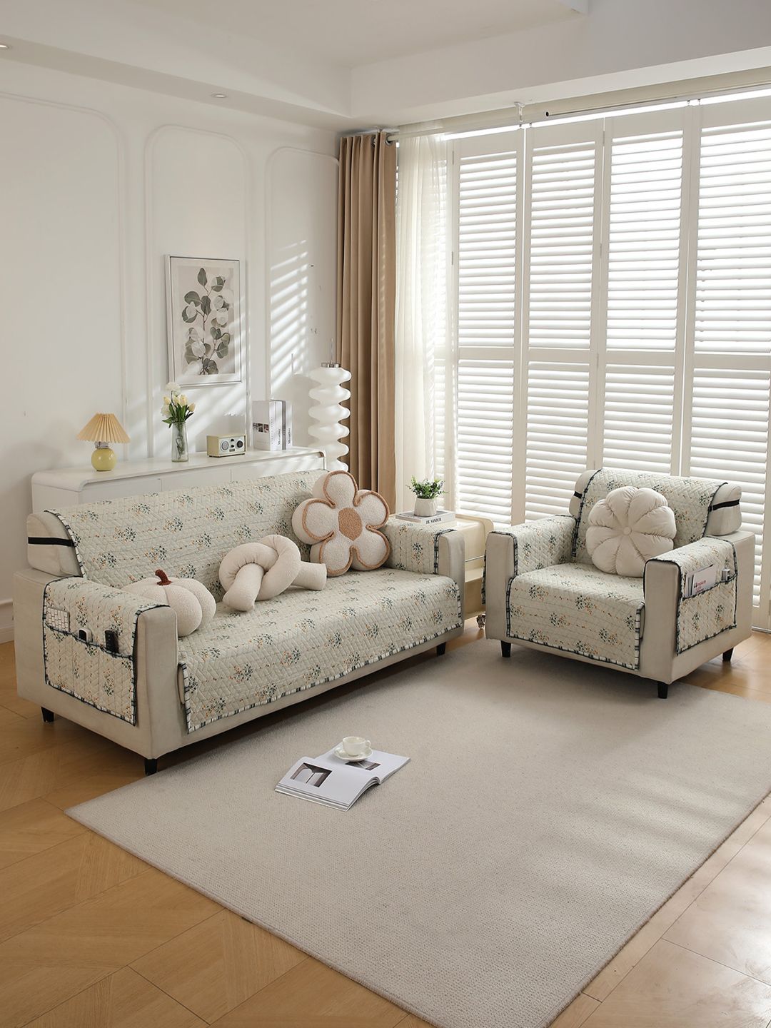 HOKIPO Green & White Printed Polyester 2 Seater Sofa Cover with Pockets-image-43