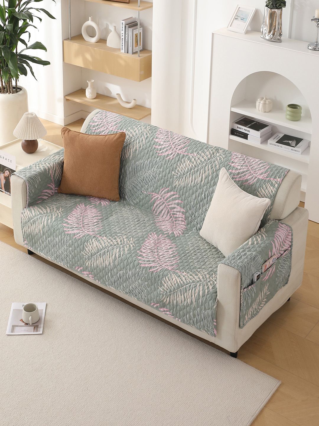 HOKIPO Green & Pink Printed Polyester 1 Piece Sofa Cover-picture-43