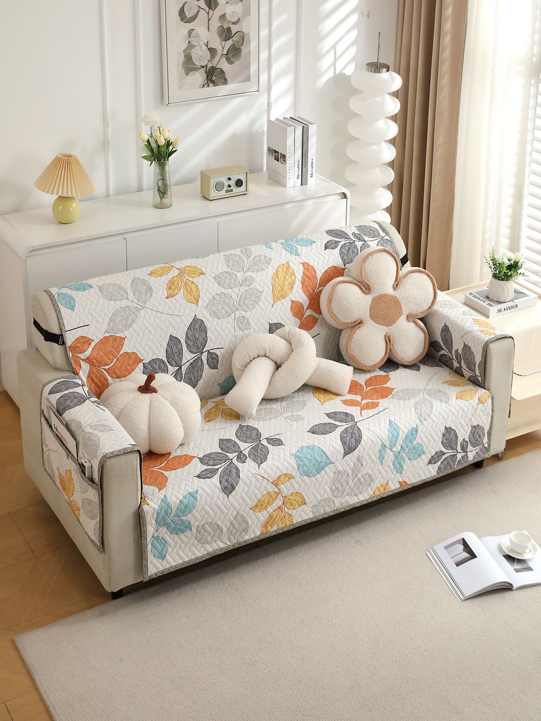HOKIPO White & Blue Printed Polyester 1 Piece Sofa Cover With Arms-picture-33