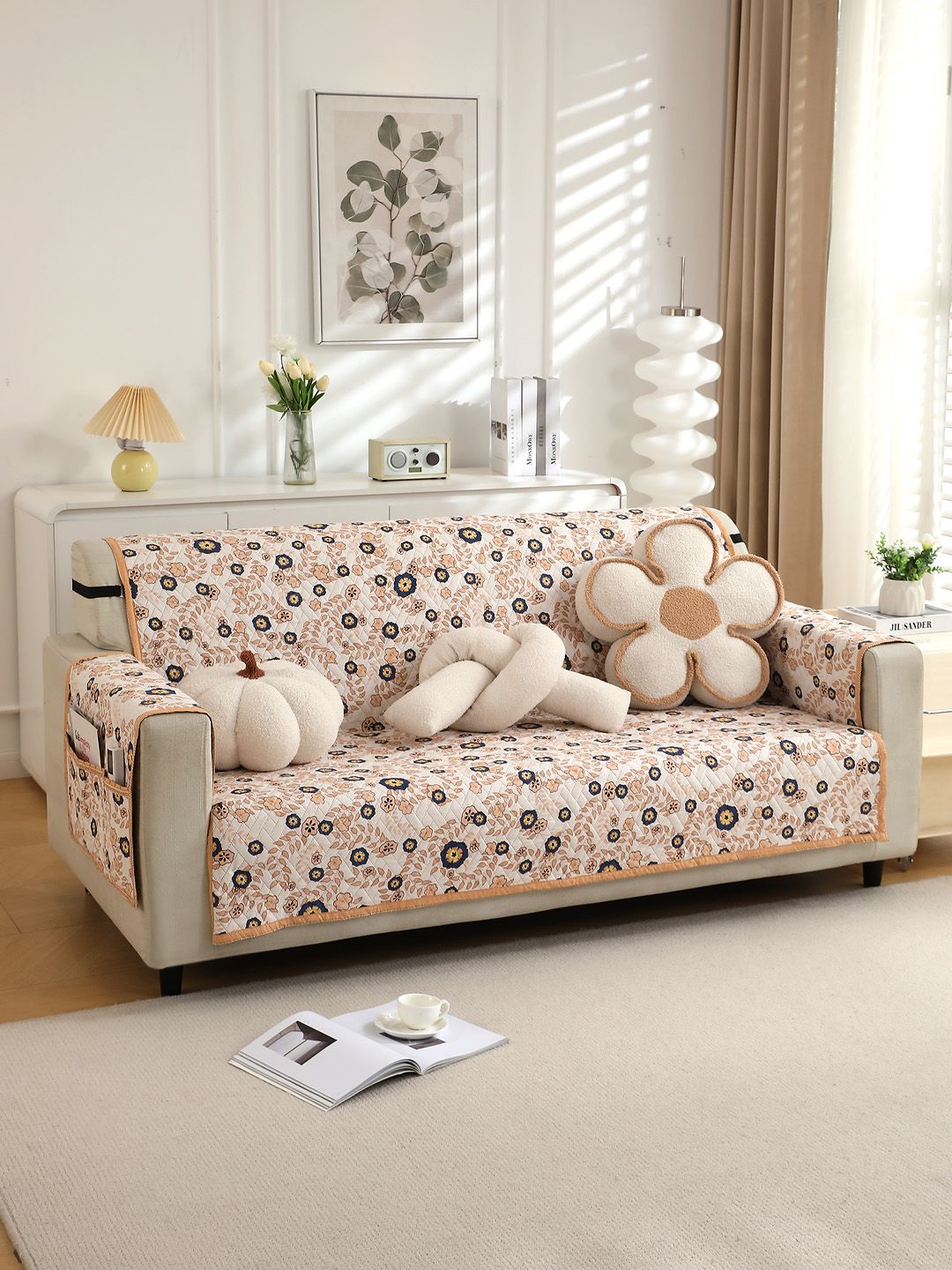 HOKIPO Peach & Navy Blue Printed Polyester 3 Seater Sofa Cover With Arms-image-6