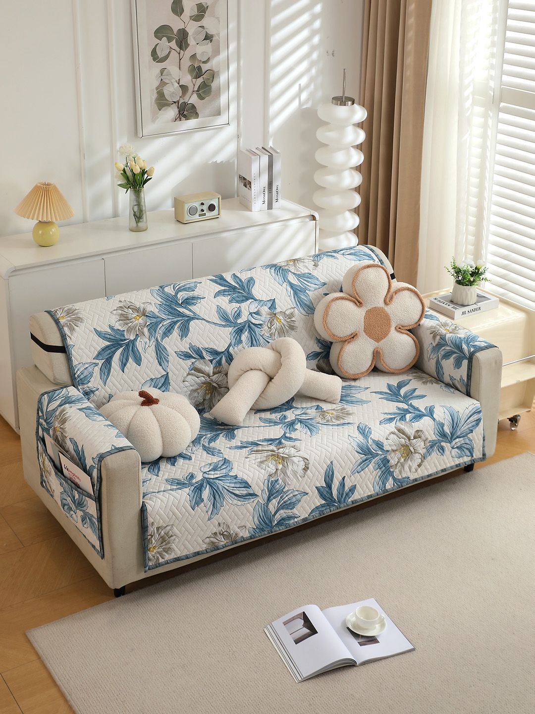 HOKIPO Blue & White Printed 2 Seater Sofa Mat with Pockets-picture-21