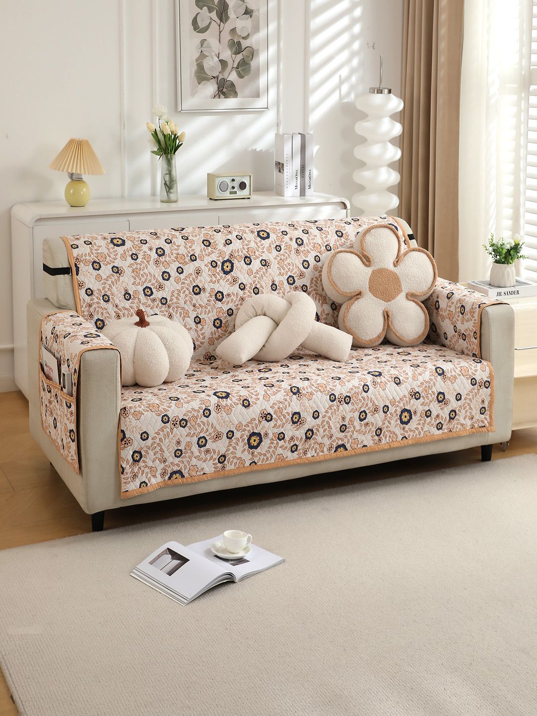 HOKIPO Peach-Coloured & Navy Blue Printed Polyester 1 Piece Sofa Cover With Arms-image-34
