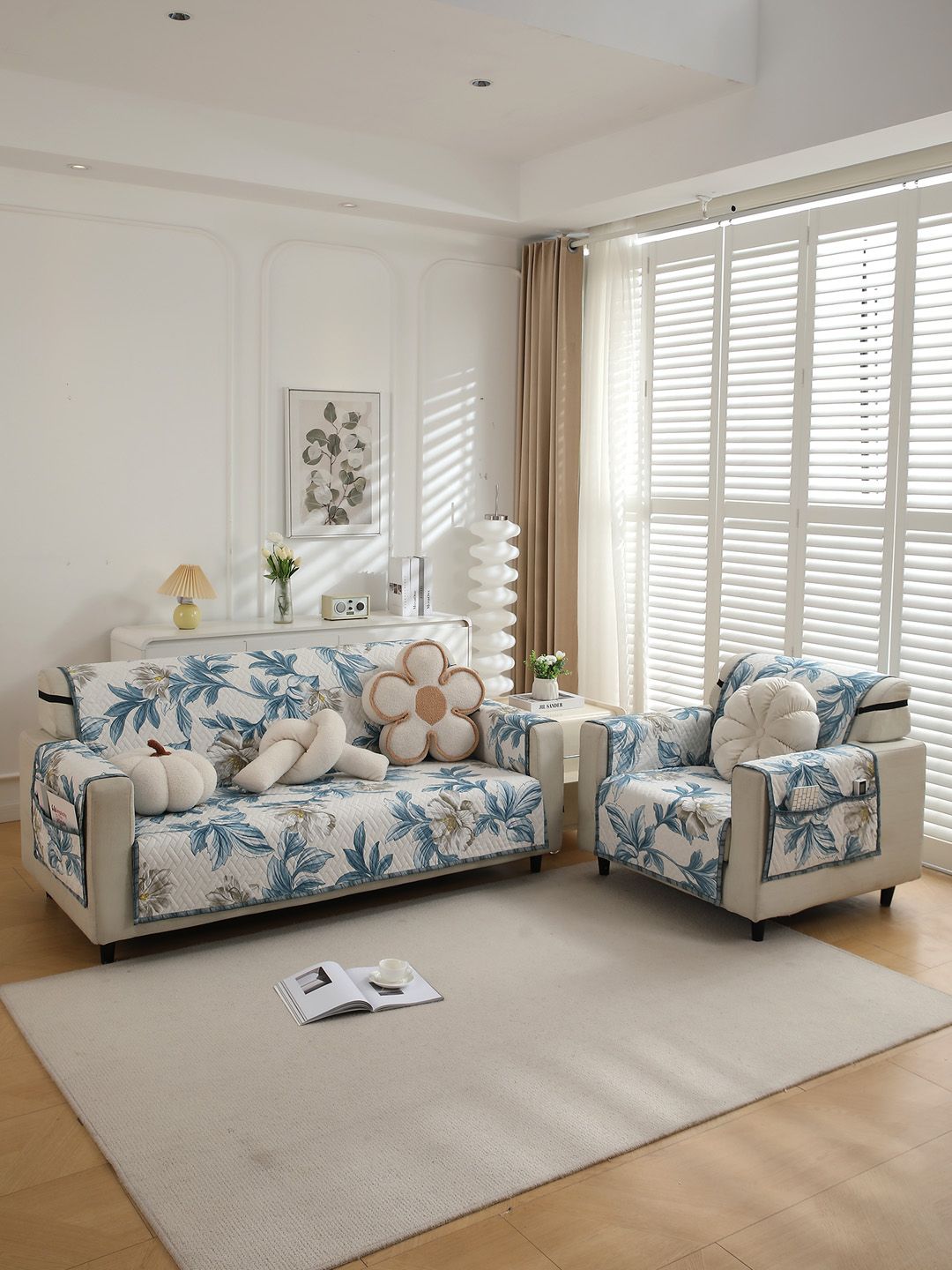 HOKIPO Blue & White Printed Polyester 3 Seater Sofa Cover With Arms-picture-20