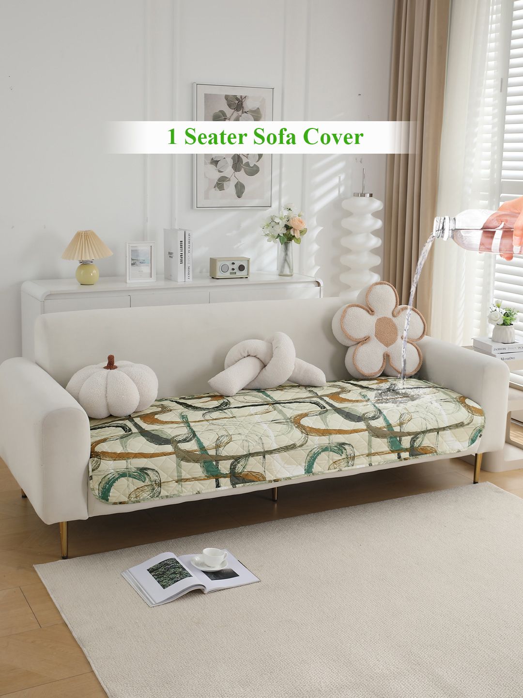 HOKIPO Beige & Green Printed Polyester Waterproof 1 Seater Sofa Seat Mat-picture-32