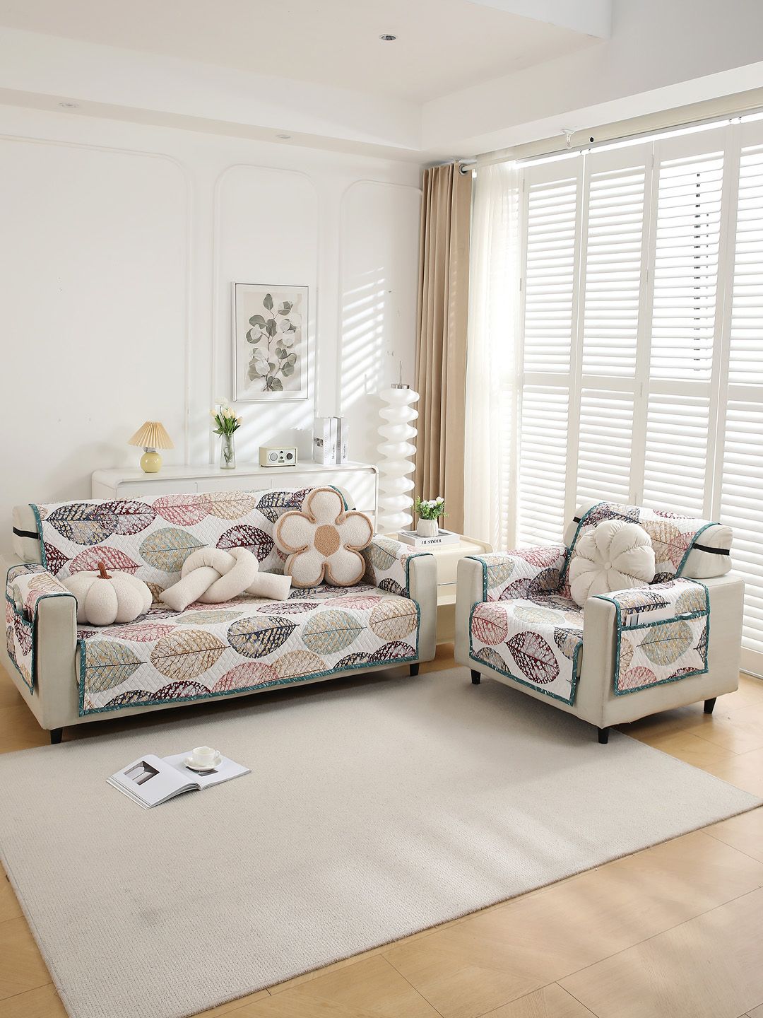 HOKIPO White & Red Printed Polyester 3 Seater Sofa Cover With Arms-image-7