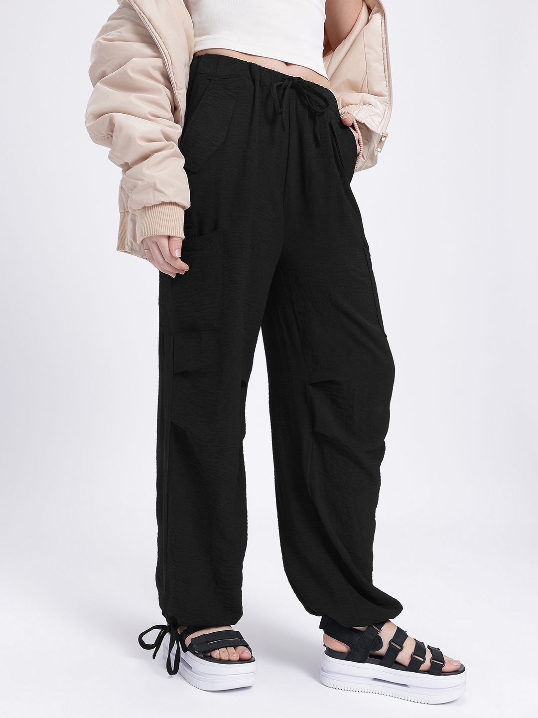 glitchez Women Crinkled Chic Loose Fit Cargo-Style Parachute Trousers-picture-13