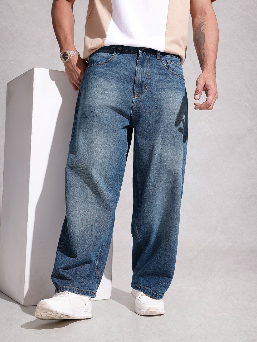 WROGN Men Light Fade Baggy Pure Cotton Jeans-image-40