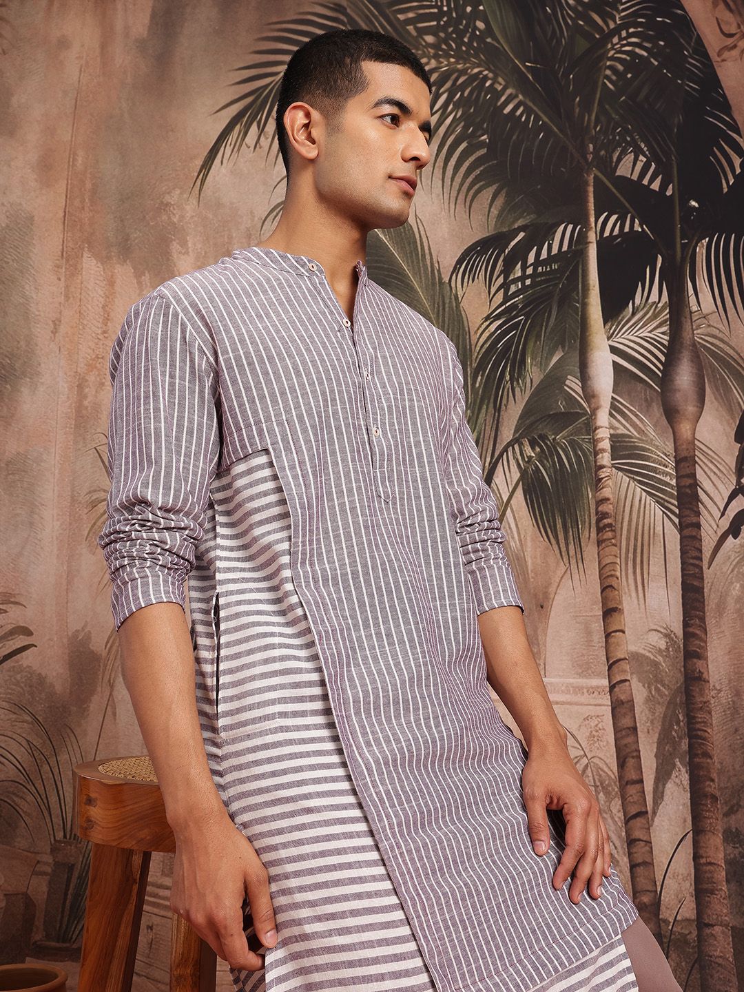 Sangria Striped Mandarin Collar Button-Down Asymmetric Straight Kurta-image-9