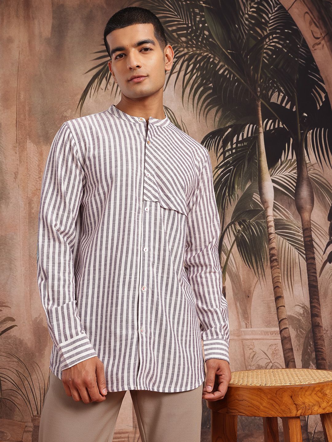 Sangria Vertically Striped Mandarin Collar Button-Down Straight Kurta with Patchworks-picture-11