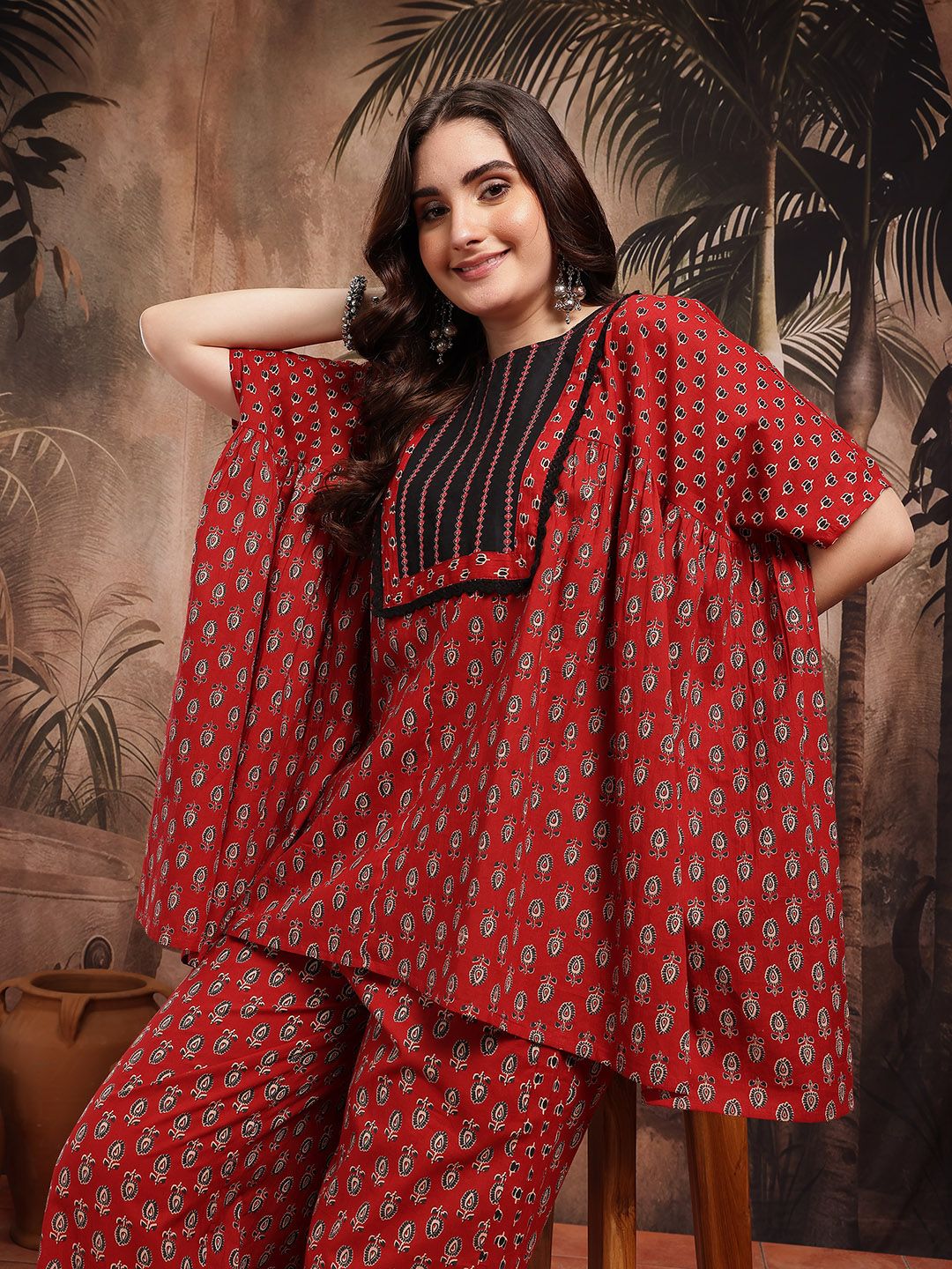 Sangria Floral Printed Pure Cotton Kurti with Palazzos