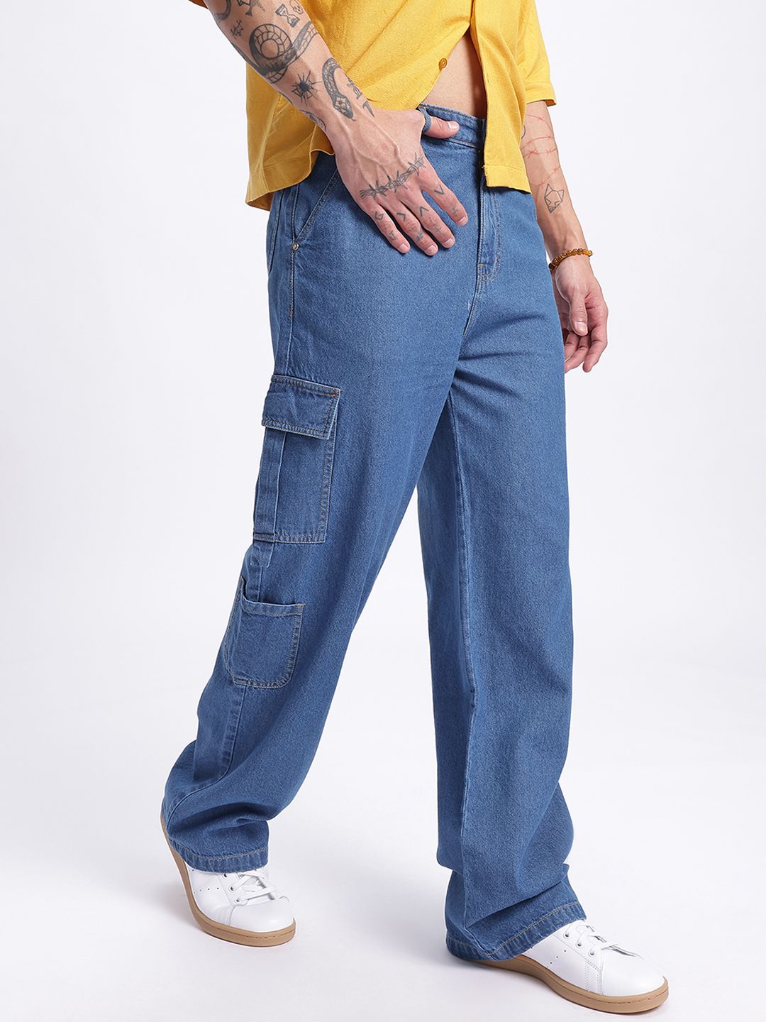 glitchez Men Edgy Street Style Mid-Rise Pure Cotton Relaxed Fit Cargo-Style Jeans-picture-32