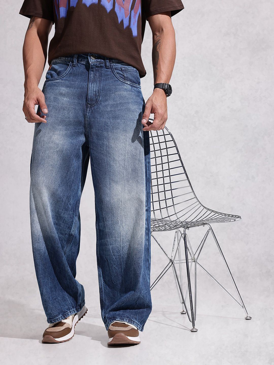 WROGN Men Baggy Light Fade Pure Cotton Jeans-image-41