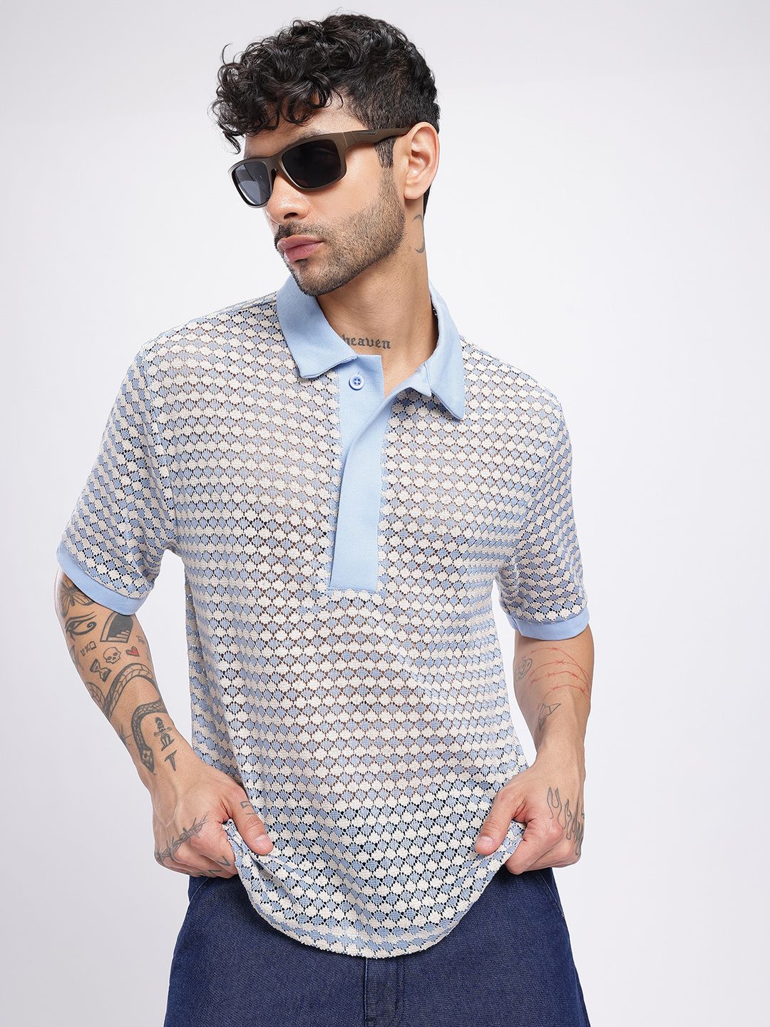 glitchez Polo Collar Open Weave Knit Semi-Sheer Relaxed T-shirt-picture-11