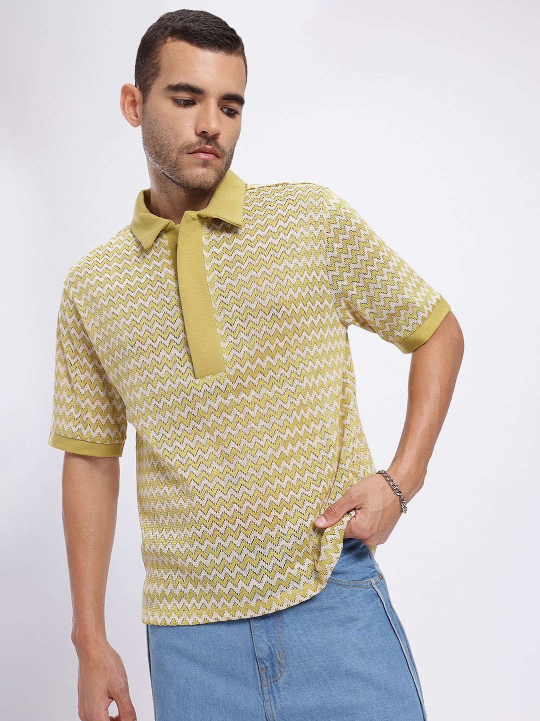 glitchez Polo Collar Open Weave Knit Semi-Sheer Relaxed T-shirt-picture-10