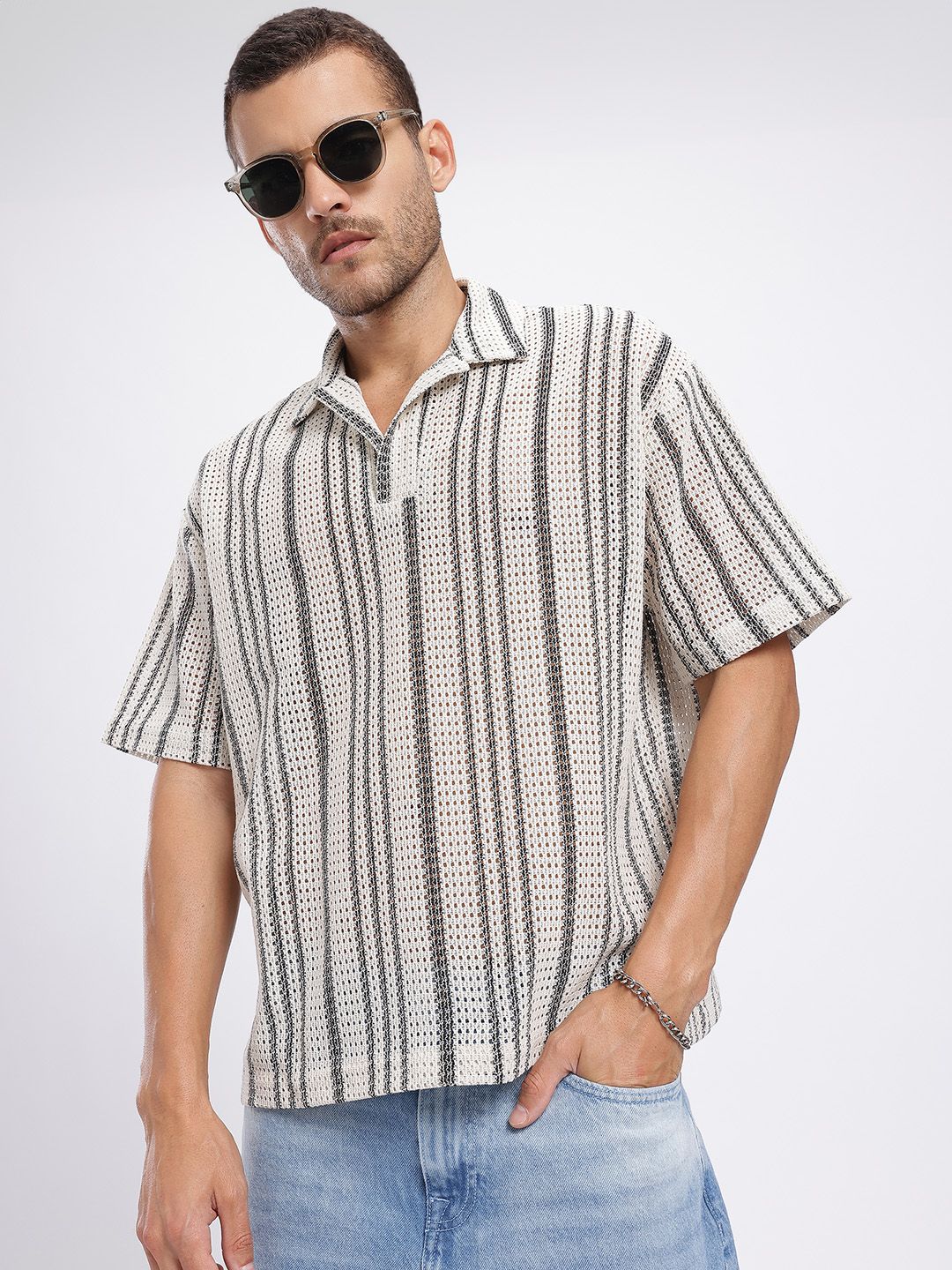 glitchez Polo Collar Open Weave Knit Oversized T-shirt-picture-27