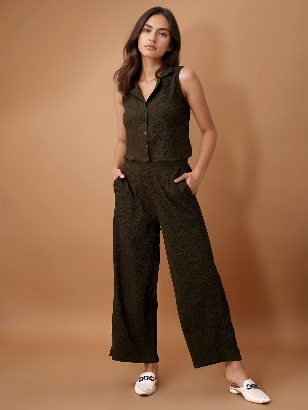all about you Olive Green Textured Lapel Collar Crop Shirt With Trousers